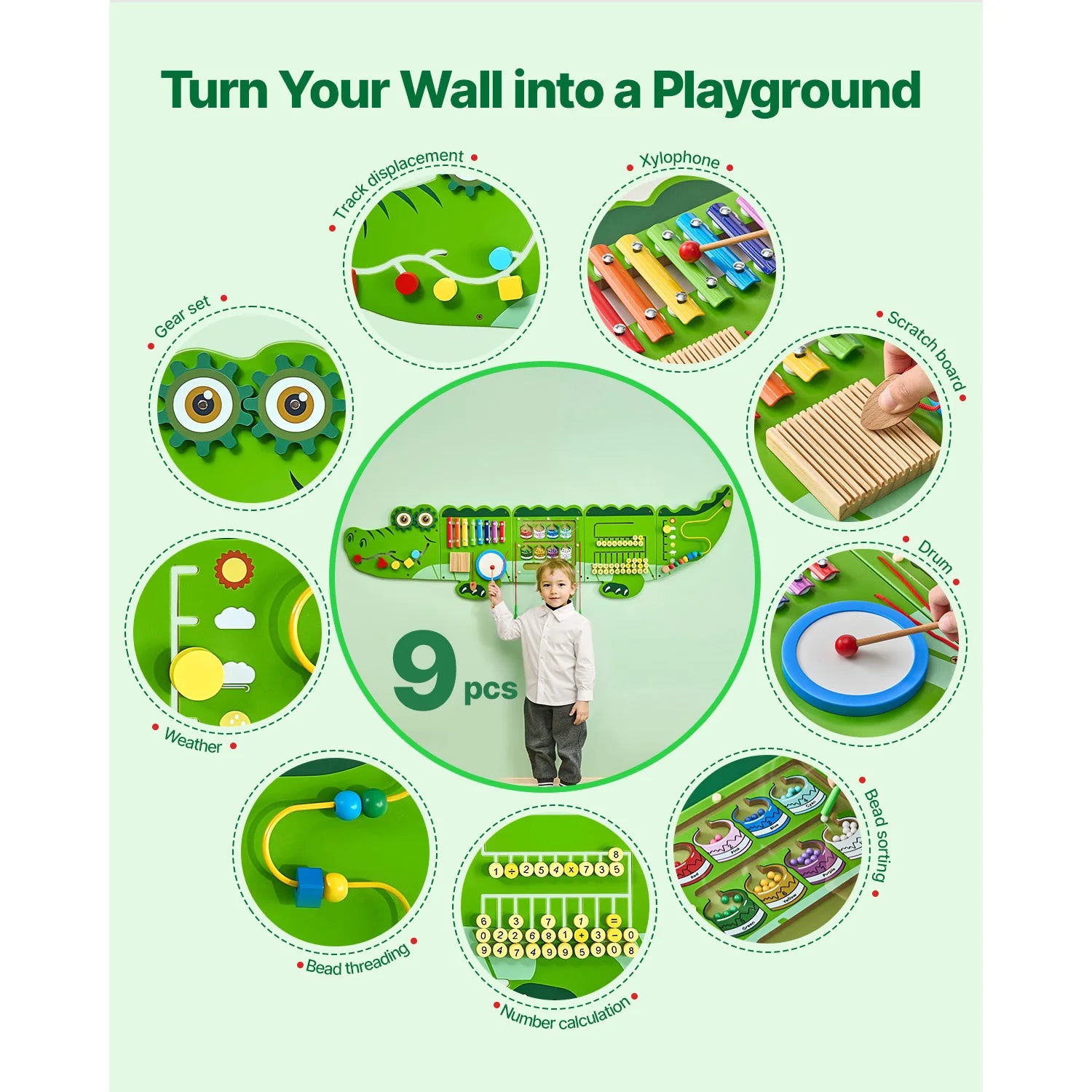 A child stands by the Vevor 9 Activities Crocodile Kids Busy Hanging Board, a green wall-mounted Montessori panel featuring gears, xylophone, scratch board, drum, weather, bead threading, number calculation and more.