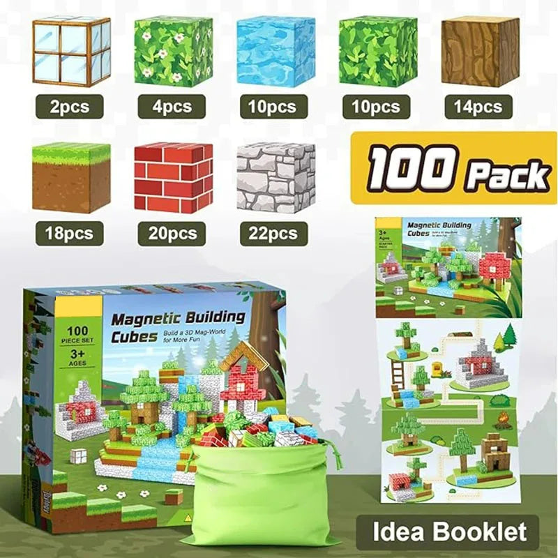 Box and pieces for the Magnetic Building Blocks Mine World Magnet Cube Set (YSSL-100PCS), a DIY Montessori STEM toy for kids ages 3+, with varied block designs, green storage bag, idea booklet, and suggested builds inspired by blocky games.