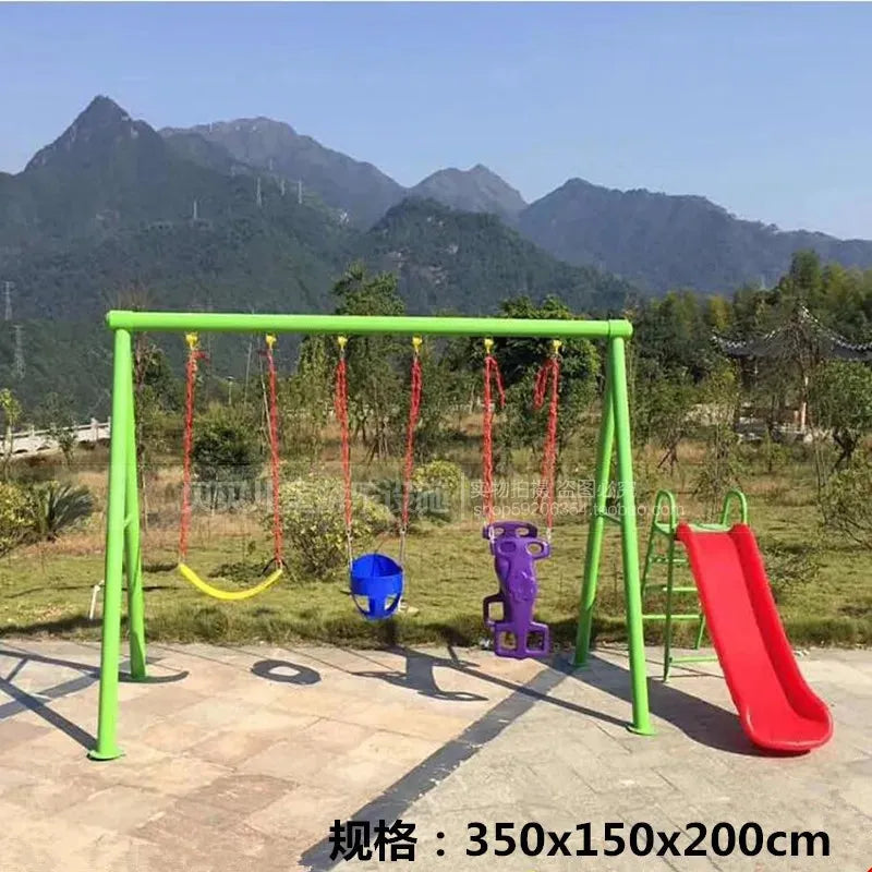 The Outdoor Steel Climbing Frame Swing for Childrens Sensory Integration Training features a green frame, three swings, and a red slide amid mountains and greenery under a clear sky. Dimensions 350x150x200cm are displayed below.