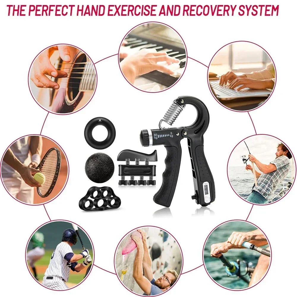 Image of an adjustable hand grip strengthener with various attachments, surrounded by people playing guitar, piano, typing, fishing, tennis, baseball, climbing, and weightlifting. Text reads Adjustable Hand Grip Strengthener for Muscle Development and Injury Recovery.