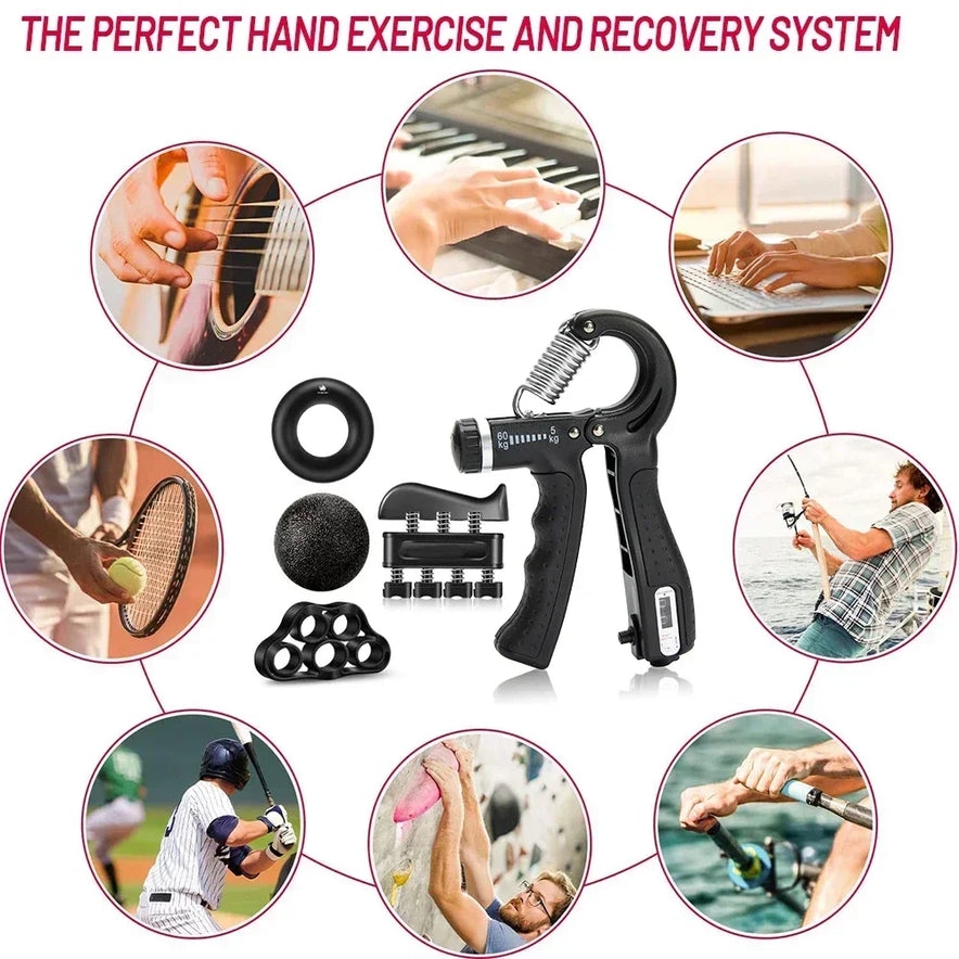 Image of an adjustable hand grip strengthener with various attachments, surrounded by people playing guitar, piano, typing, fishing, tennis, baseball, climbing, and weightlifting. Text reads Adjustable Hand Grip Strengthener for Muscle Development and Injury Recovery.