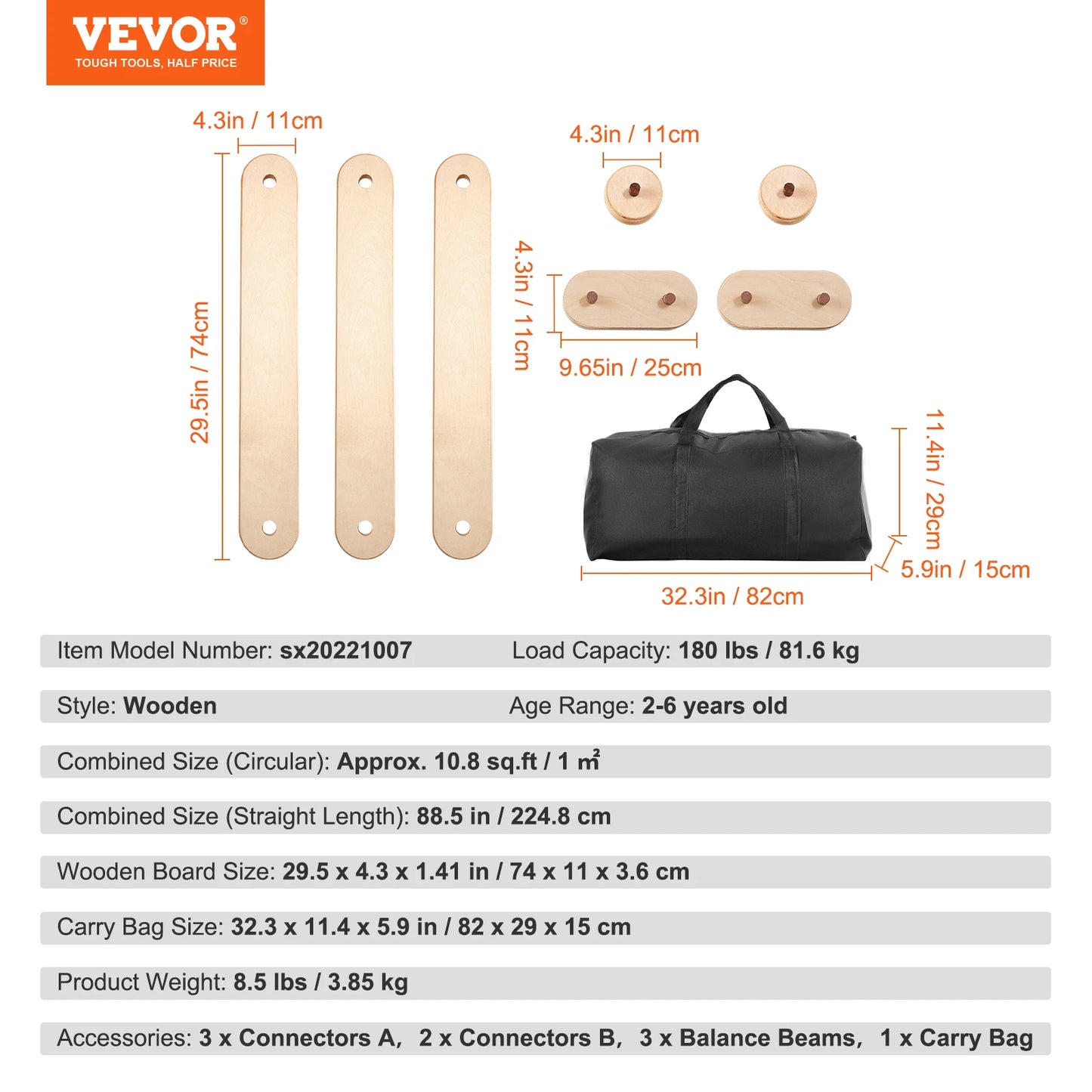 An image shows Vevors Montessori-inspired Wooden Toddler Balance Beam Stepping Stones set, featuring wooden connectors, balance beams, and a carry bag. It includes dimensions, load capacity, age range (2-6), and item details alongside the components.