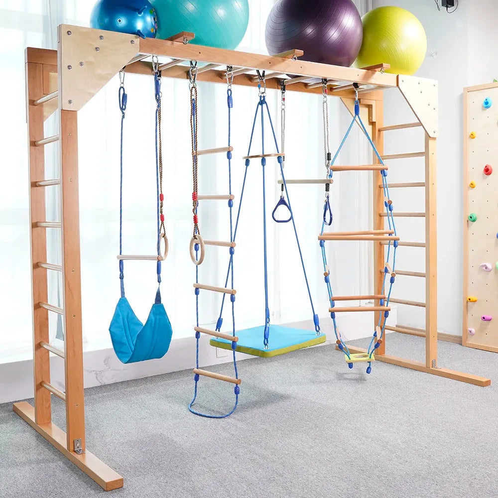 The Indoor Sensory Fitness Ladder for Kids includes a fitness ladder, climbing ropes, swings, rings, and exercise balls. A climbing wall is partially visible on the right. Perfect for sensory integration training in a bright carpeted room.