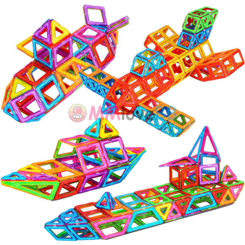 The Giant Magnetic Building Blocks Set for Kids creatively forms 3D structures, like vehicles and buildings, on a white backdrop. Made from safe, durable materials, these vibrant blocks in red, blue, green, yellow, and purple enhance STEM learning for ages 4-12.
