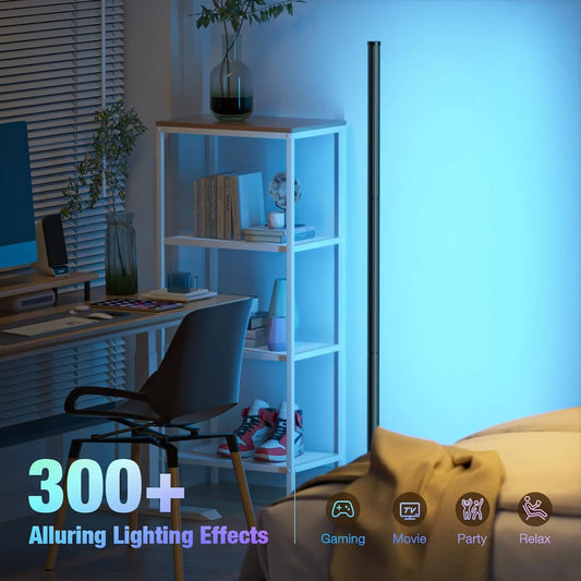 A modern room features the Smart RGB Dream Color Floor Lamp LED, emitting blue light. A desk with a computer and chair, and a shelf with plants/books complete the scene. Text: 300+ Alluring Lighting Effects with icons for gaming, movie, party, relax.