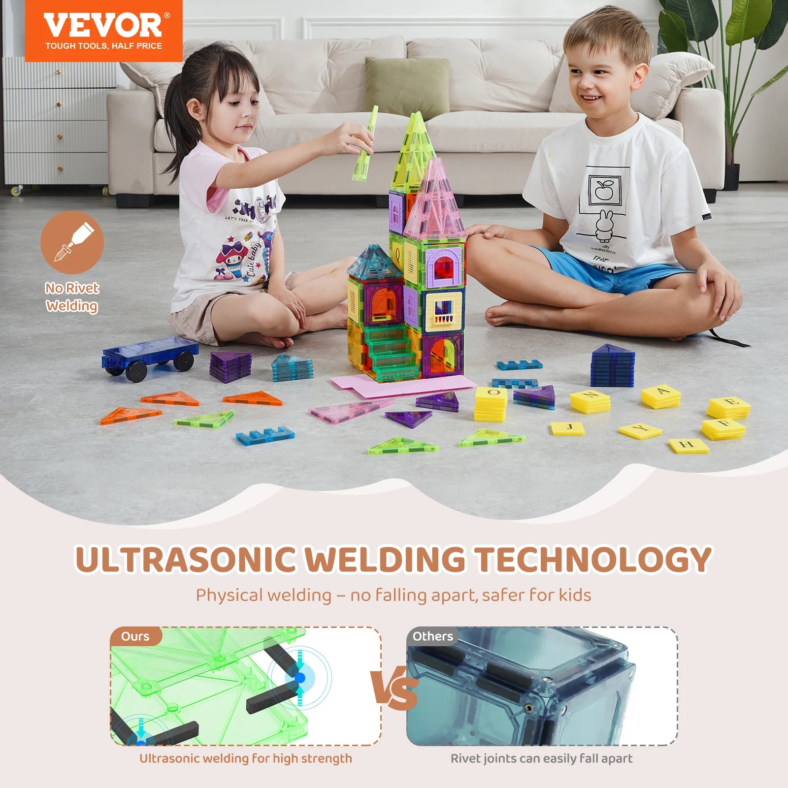 Two children play on the floor, building a colorful house with VEVOR 121PCS Magnetic Building Blocks. Text reads: Ultrasonic Welding Technology - Physical welding, no falling apart, safer for kids. An inset compares ultrasonic welding with traditional methods for endless creativity.
