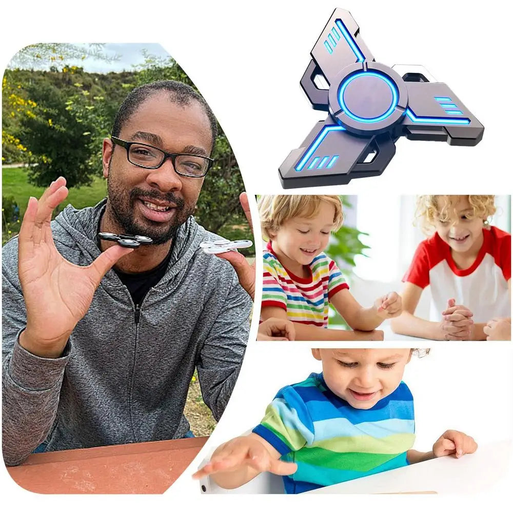 A man wearing glasses holds a Spinner Gyroscope Toy outdoors. Beside him, three children are busy: two kids coloring and another boy playing with something on a table. Above, theres a close-up of the blue and black Spinner Gyroscope Toy, which enhances focus.