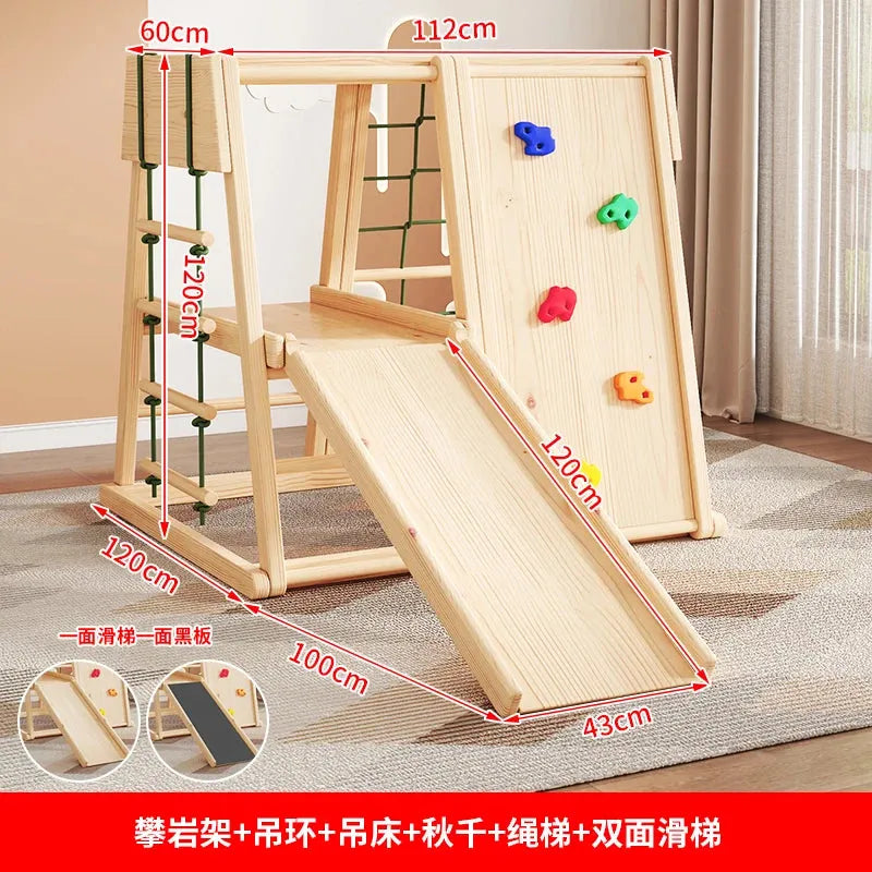The Indoor Wooden Climbing Frame for Kids with Slide and Swing is a sensory play set designed for development and fun. It includes a slide, climbing wall, rope ladder, and hanging rings, featuring dimensions and labels in Chinese for endless entertainment in a compact space.