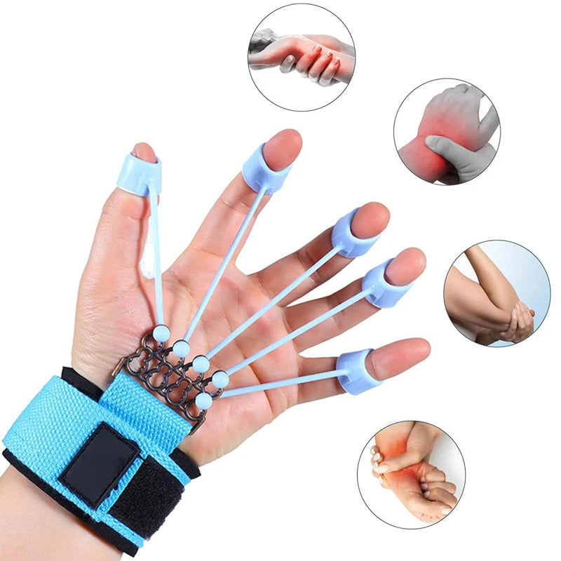 A hand models the Forearm Grip Strengthener, which includes elastic bands and a wrist strap. Inset images depict discomfort in hands and feet, emphasizing its therapeutic benefits for joint stiffness or arthritis and its role in enhancing strength training and grip power.