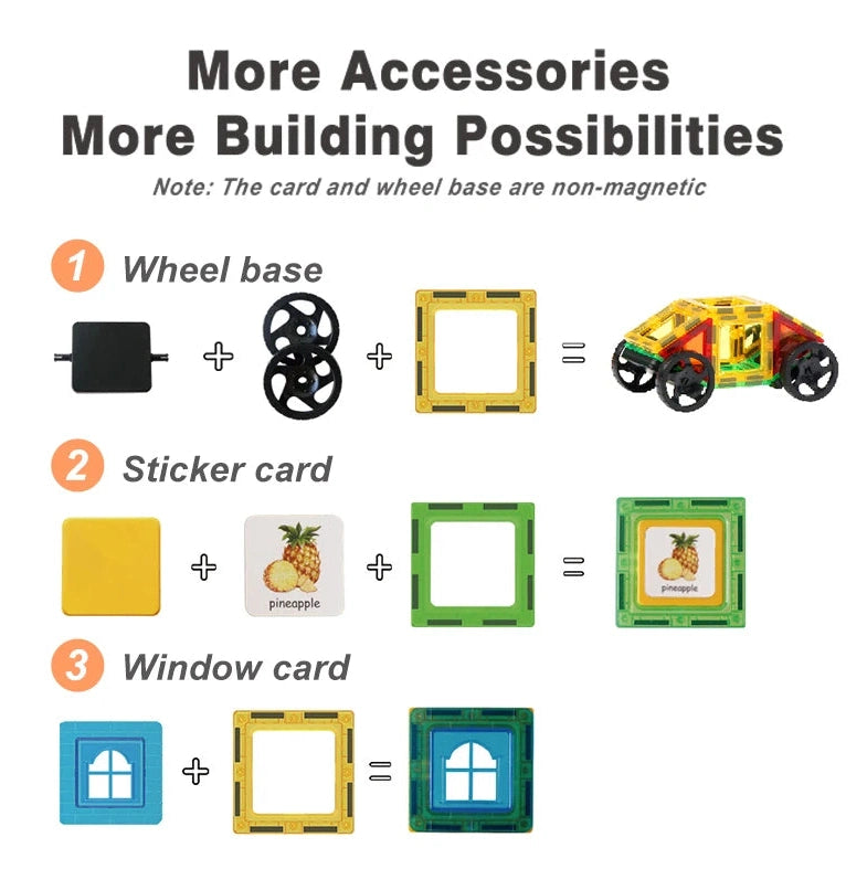 Instructions for adding accessories to the Magplayer Magnetic Building Blocks Set: 1. Attach wheelbase and wheels to make a car. 2. Add a yellow frame and pineapple sticker. 3. Combine a yellow frame with a blue window card. Non-magnetic parts ensure safe, educational play for kids.
.