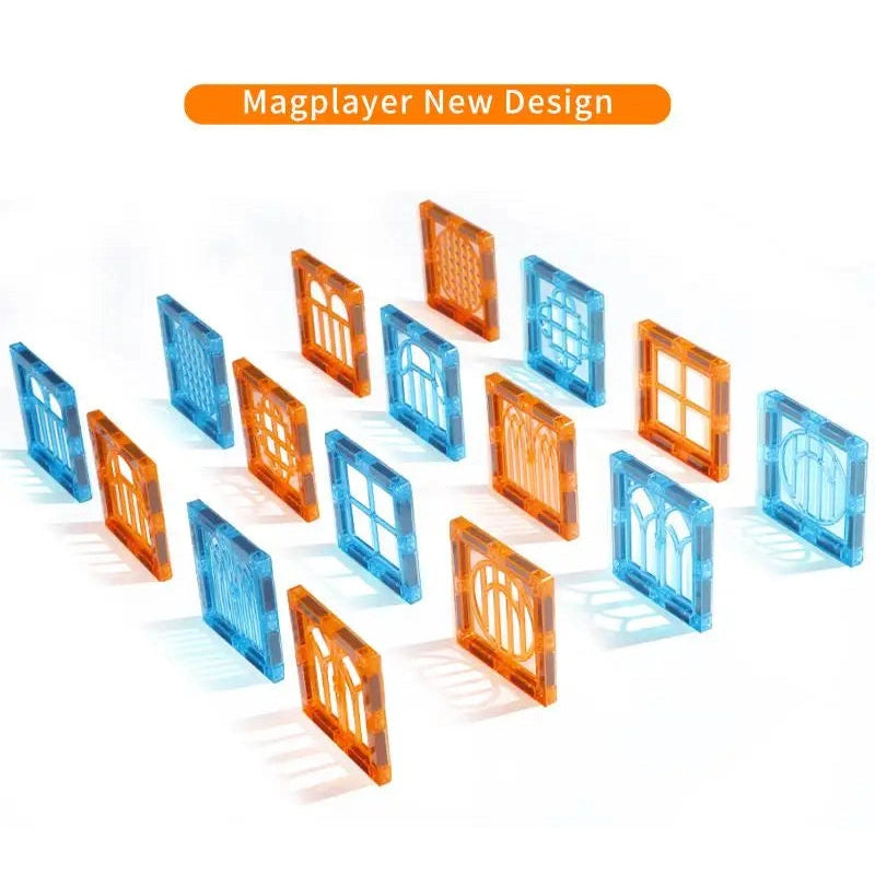 The image shows translucent blue and orange magnetic square tiles with window designs, arranged in rows on a white background. A label at the top reads Creative Magnetic Building Blocks Set for Kids - Educational Tiles, showcasing the innovative appeal of this educational toy.
