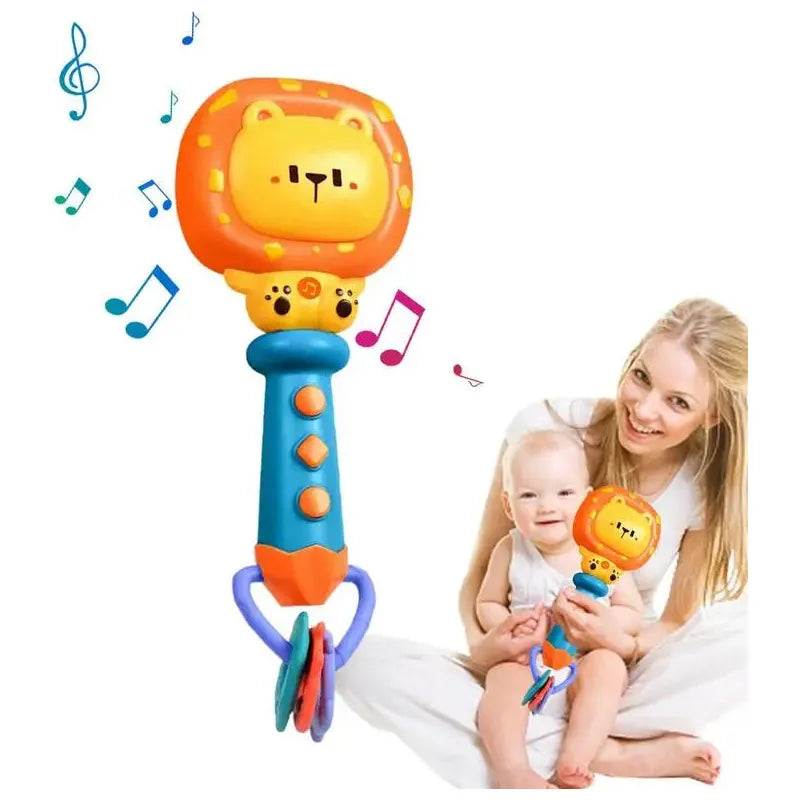 A smiling woman and a baby sit on the floor, enjoying a colorful lion-themed Musical Teething Rattle with LED Lights. This interactive learning toy features buttons, musical notes, and a gentle soft teether design for entertainment and comfort.