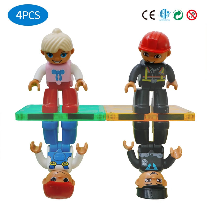 Four toy figures stand on colorful Magplayer Magnetic Construction Blocks, wearing distinct outfits and headgear: a red helmet, black cap, and two with hair. The 4PCS label and safety icons in the corners highlight STEM Learning via Creative Play.