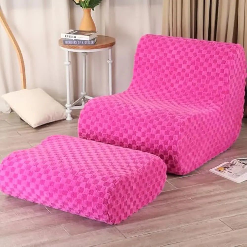 A Standard-Pink Bean Bag Sofa with footstool creates a cozy indoor setting, featuring plush comfort for adults and modern style—perfect for your living room or bedroom.
