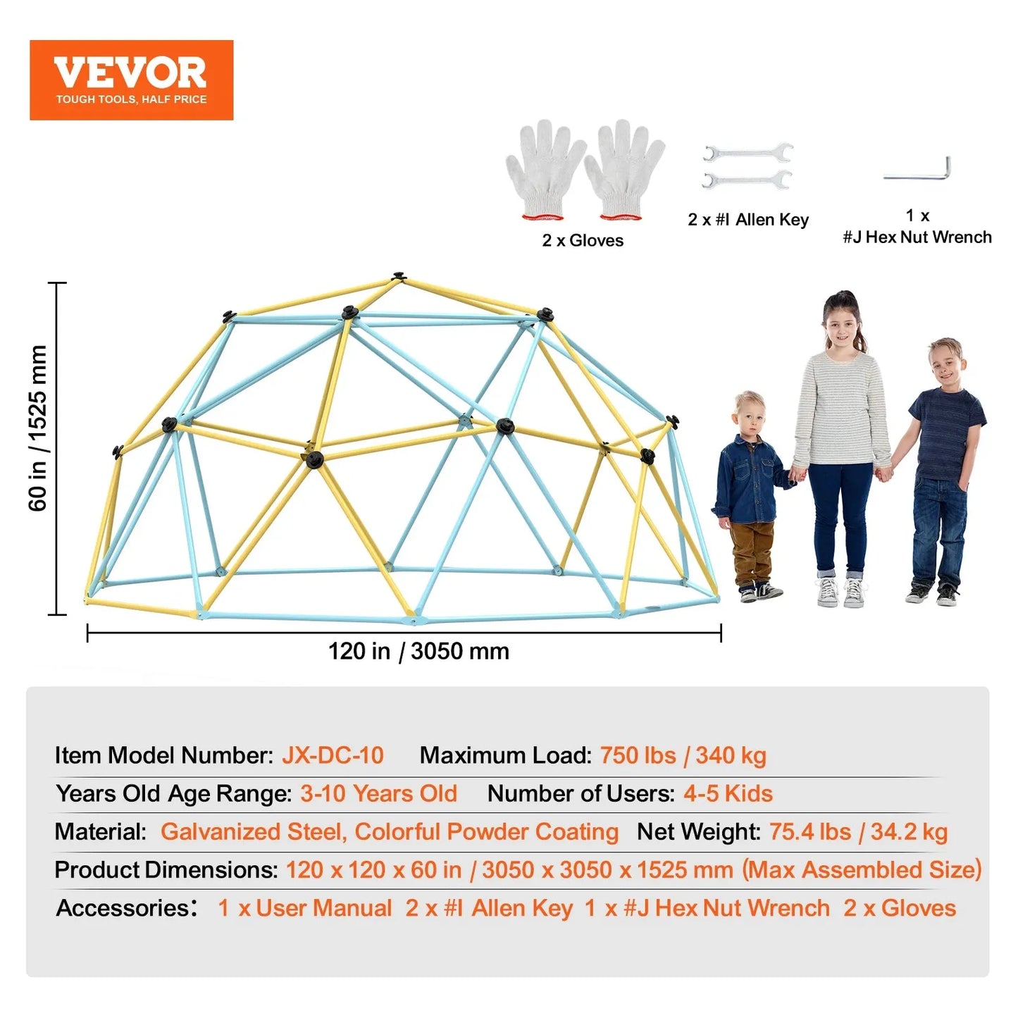 An ad features the VEVOR Geometric Dome Climber with Hammock Swing in bright yellow and blue. It includes gloves, Allen keys, and a wrench. A photo of four children next to the Jungle Gym shows its scale, ensuring endless backyard fun and adventure. Available in 6/8/10/12FT sizes.