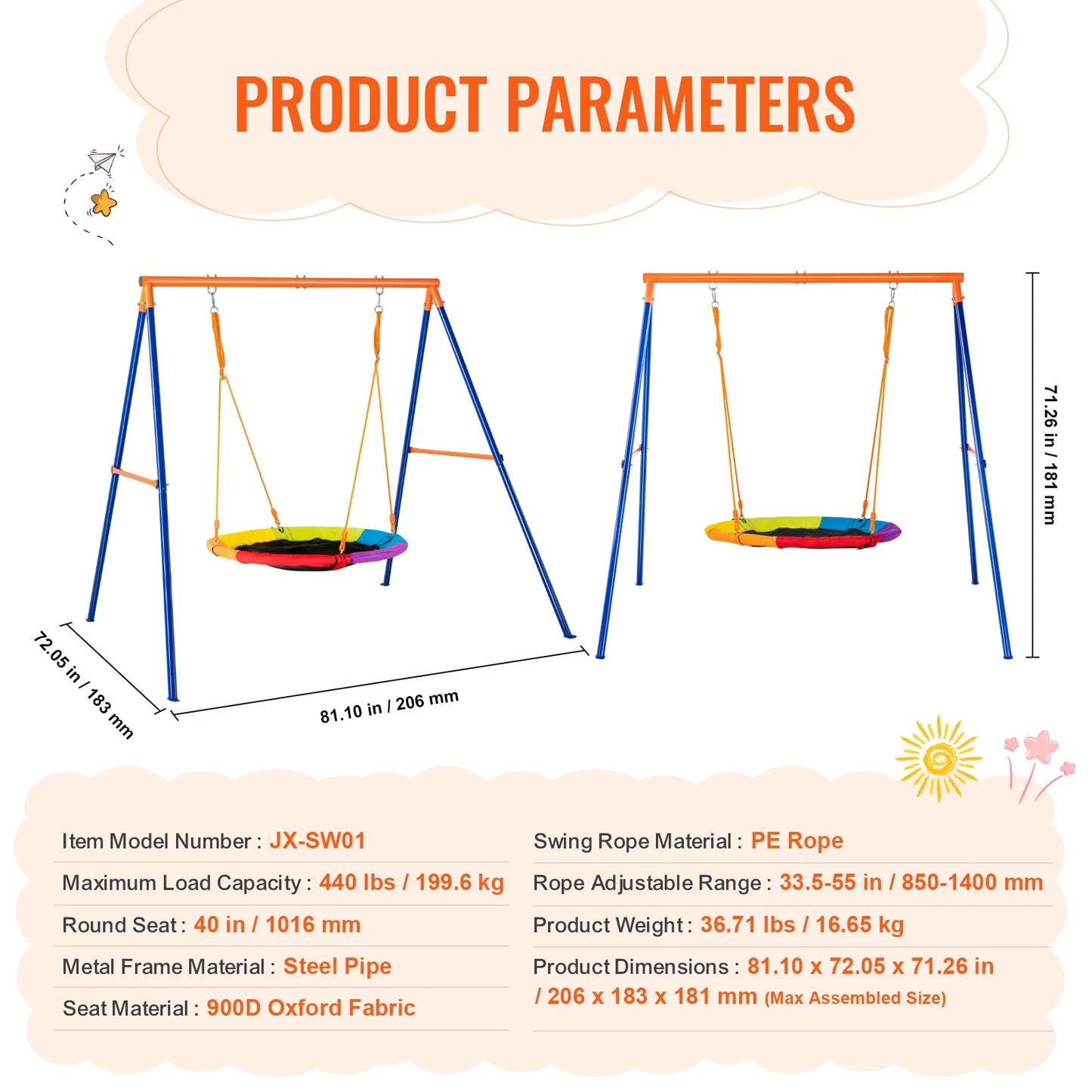 The Backyard Adventure Swing Set, illustrated with its durable build, features dimensions of 81.10 x 72.05 x 71.26 inches, a 440 lbs load capacity, and materials of steel pipe and PE rope. It weighs 36.71 lbs and offers a colorful round seat for versatile swing options.