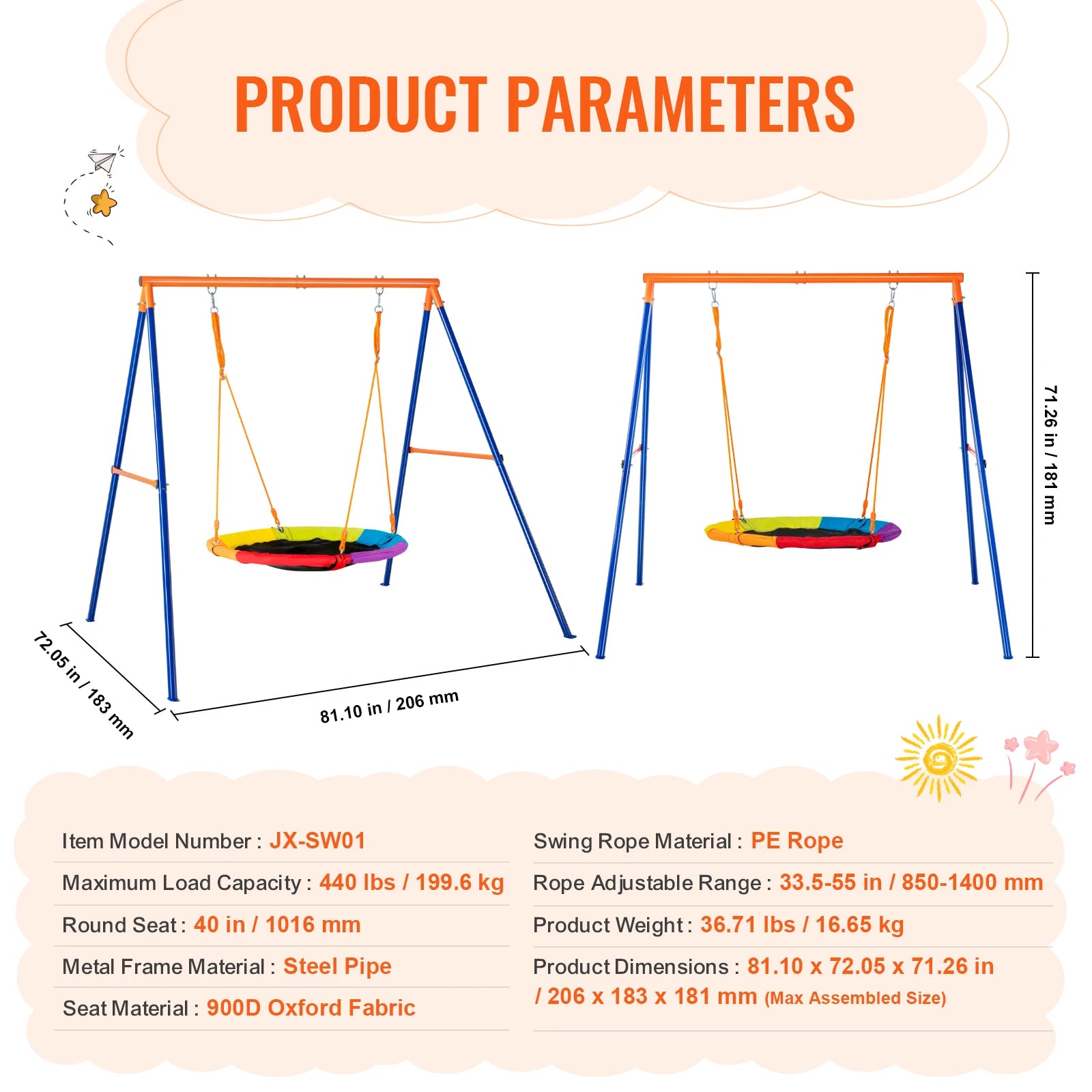 The Backyard Adventure Swing Set, illustrated with its durable build, features dimensions of 81.10 x 72.05 x 71.26 inches, a 440 lbs load capacity, and materials of steel pipe and PE rope. It weighs 36.71 lbs and offers a colorful round seat for versatile swing options.