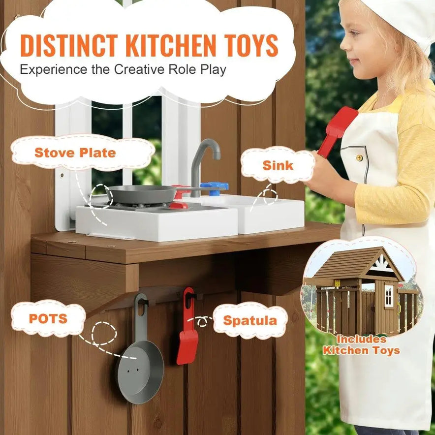 A young girl in a chef’s hat plays on the Wooden Swing Set 9 IN 1 Outdoor Playground, featuring a 6 FT slide and upper fort. An inset displays a small wooden playhouse with labeled kitchen toys for safe, chemical-free play.