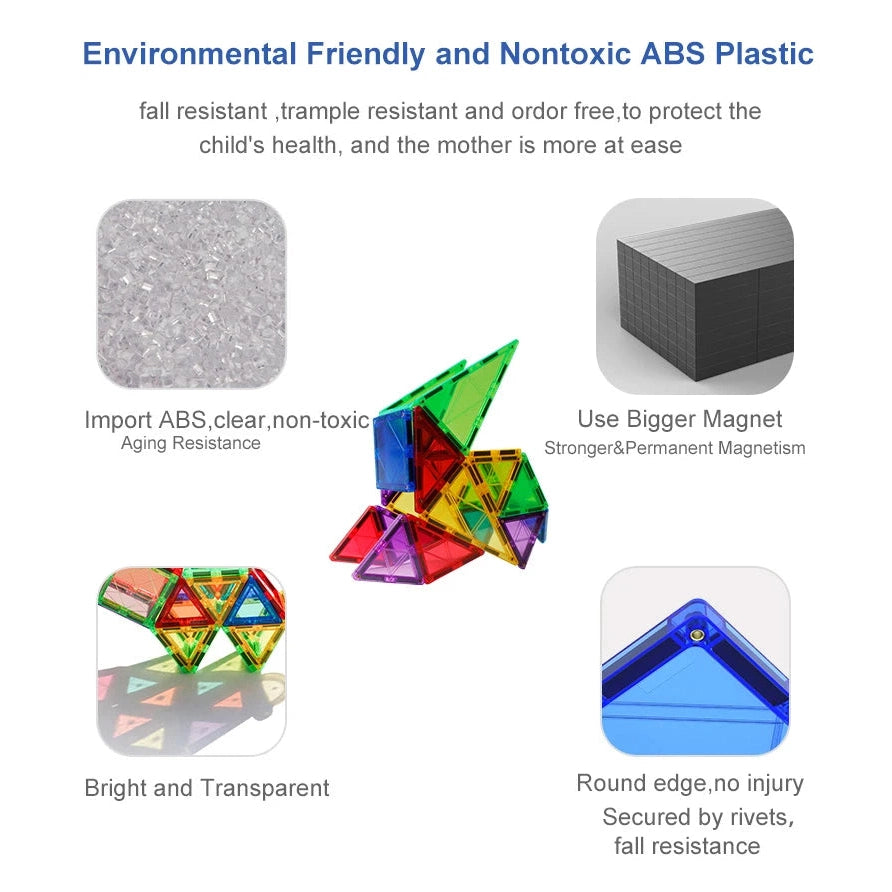 Magplayer Magnetic Construction Blocks for Kids are colorful, nontoxic ABS plastic toys designed for safe, eco-friendly play. Featuring strong magnets and rounded edges, theyre perfect for STEM learning and creative constructions with transparency and fall-resistant fun.