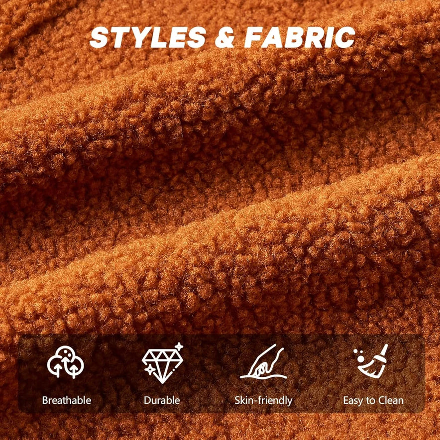 Close-up of rust-orange Ultra-Soft Sherpa Plush fleece on the Sports Football Bean Bag Chair for Adults and Kids, with STYLES & FABRIC text above. Icons show its breathable, durable, skin-friendly, and easy to clean—perfect for sports fans.