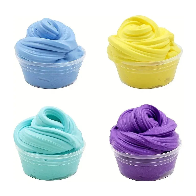 Four 60ml transparent containers of Sensory Butter Slime Polymer Putty in blue, yellow, teal, and purple arranged in a grid. The smooth, swirled texture highlights the non-sticky formula inside; ideal for DIY Plasticine and birthday party favors.
.