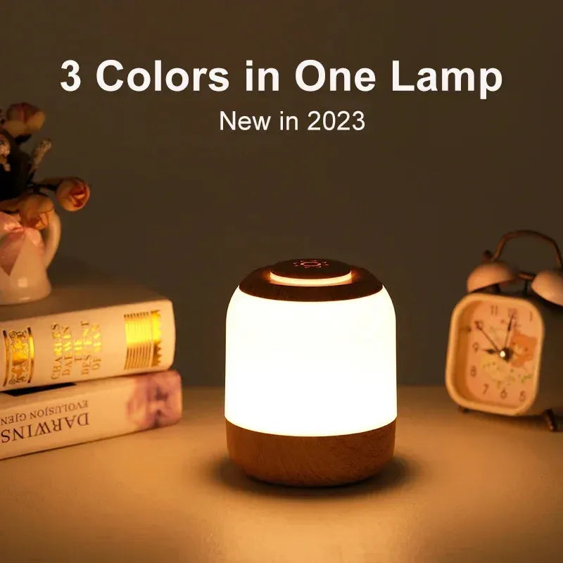In a dim room, a wooden-based LED table lamp glows beside books and a vintage clock. The scene reads, 3 Colors in One Lamp, New for 2023. Featuring touch sensor adjustment for easy use. A flower vase sits on the left. Product: Touch Control LED Night Light Lamp, USB Rechargeable.
