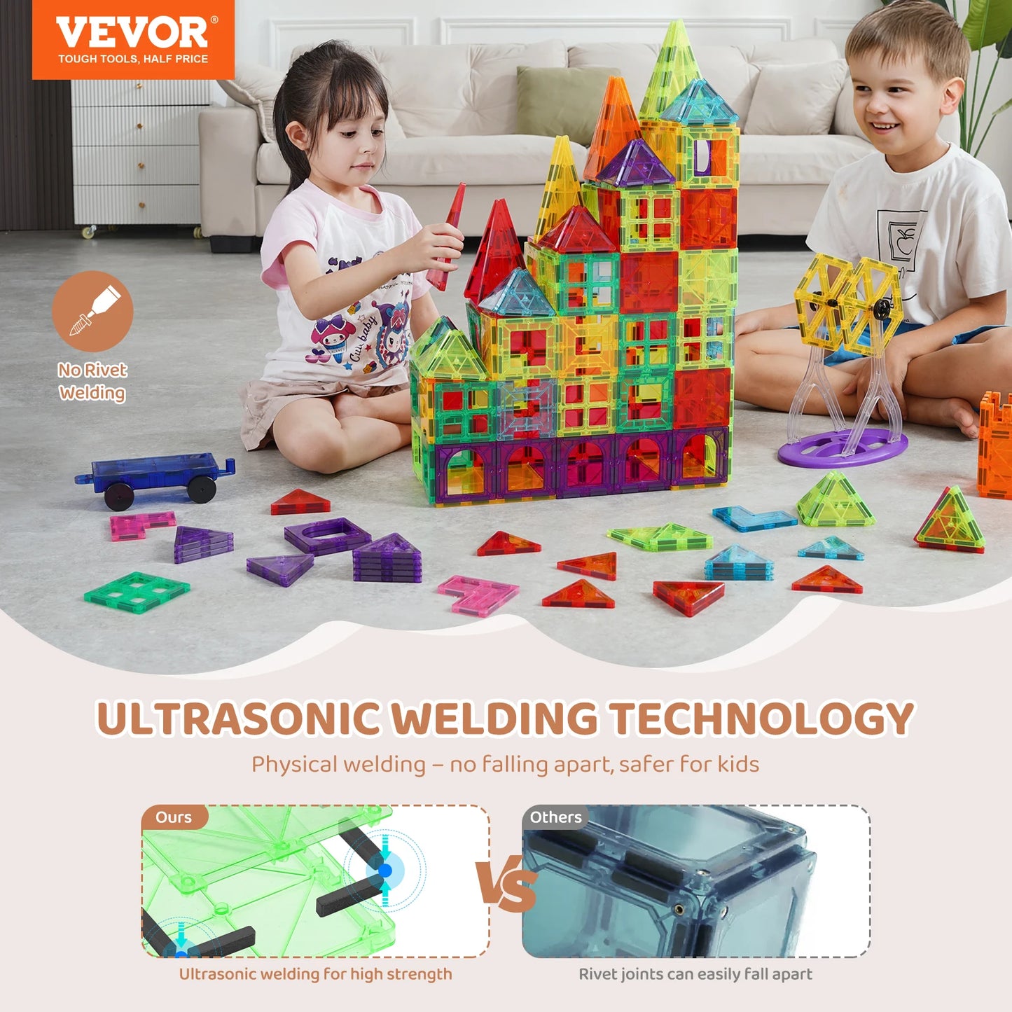 Two children excitedly play with the VEVOR 180PCS Magnetic Tile Building Set on the floor, having built a colorful castle and Ferris wheel. A banner emphasizes Ultrasonic Welding Technology for increased strength and safety in this educational toy that enhances STEM skills.