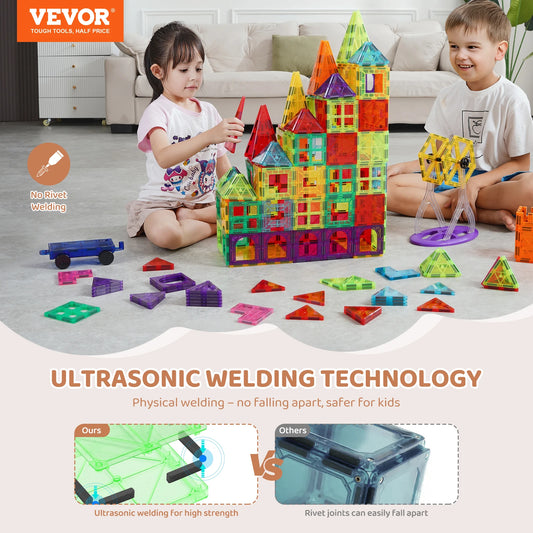 Two children excitedly play with the VEVOR 180PCS Magnetic Tile Building Set on the floor, having built a colorful castle and Ferris wheel. A banner emphasizes Ultrasonic Welding Technology for increased strength and safety in this educational toy that enhances STEM skills.