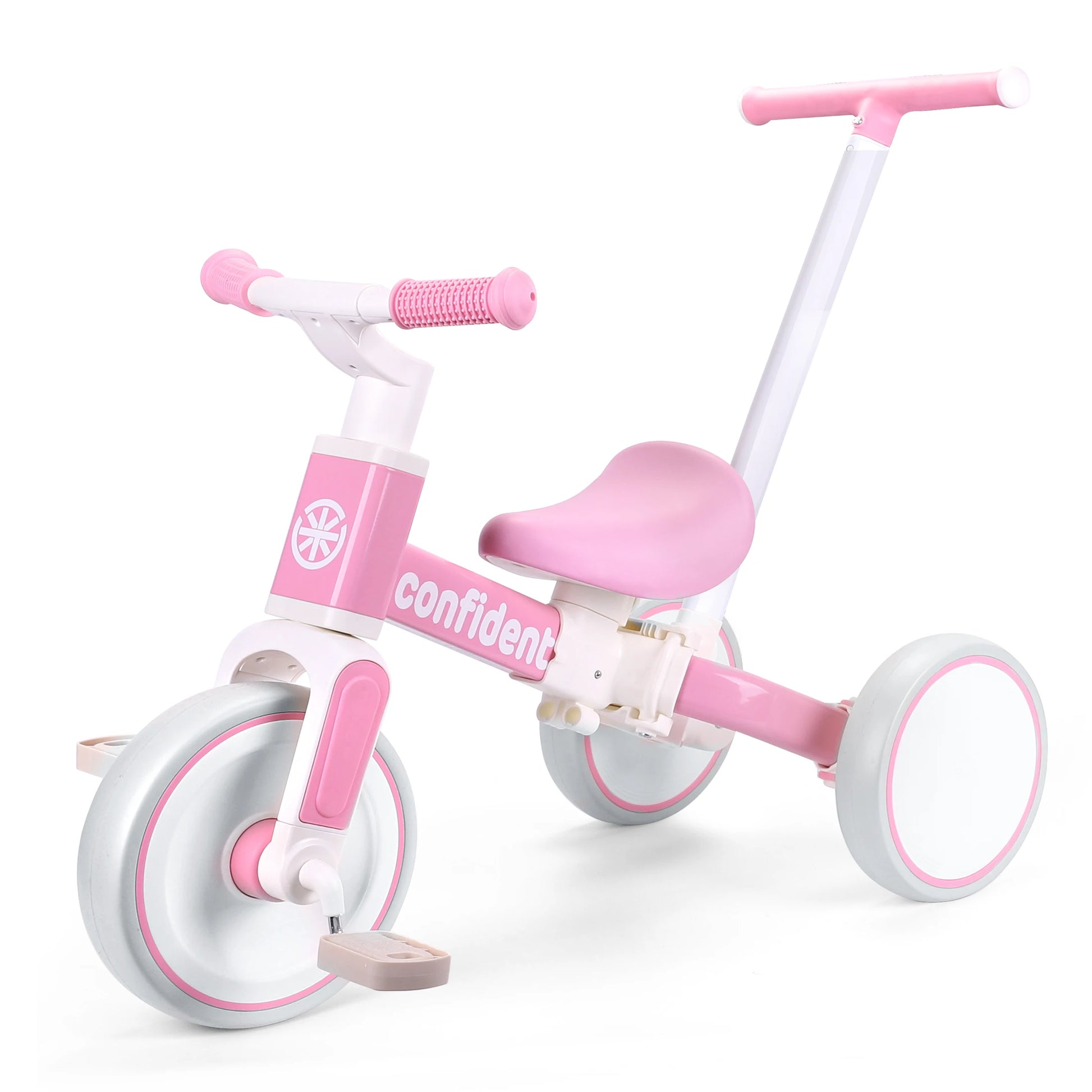 The Baby Balance Bike for Kids 1 to 3 Years Old is a pink toddler trike with a parent steering push handle, two large rear wheels, front pedals, and soft grips—perfect as a birthday or Christmas gift for smooth toddler rides.