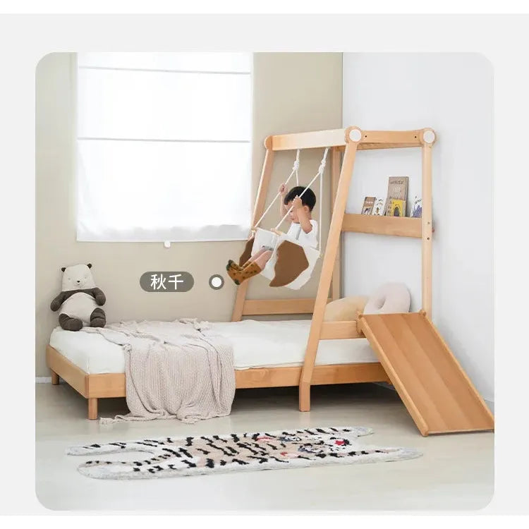 A child enjoys the Versatile Solid Wood Childrens Bed with Climbing Frame and Swing Features, sitting on the swing. A tiger-design rug sits on the floor, while a plush panda rests in a corner as sunlight pours through sheer window curtains.