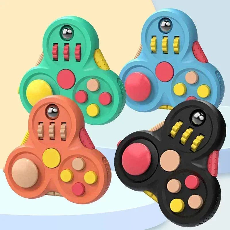 Four Rotating Magic Bean fidget toys in green, blue, orange, and black, made from durable ABS with buttons and textured surfaces—ideal for kids aged 3-6—shown on a pastel background. Perfect for autism, ADHD stress relief, or as an antistress fingertip toy.