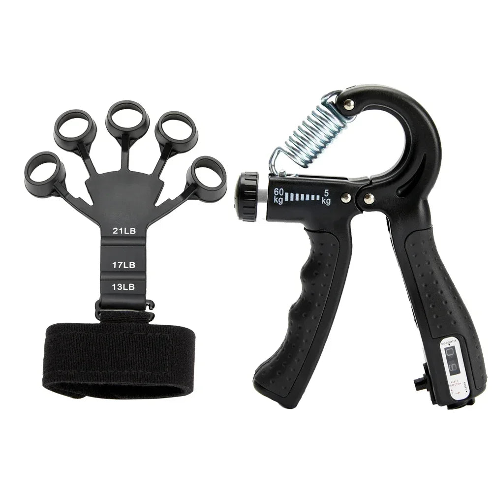 These black exercisers include an Adjustable Hand Grip Strengthener for Muscle Development and Injury Recovery, with a grip trainer that has finger resistance loops, a wristband, and an adjustable dial from 5 to 60 kg with a spring mechanism.