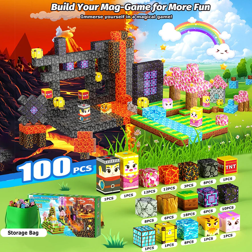 The Magnetic Building Blocks Mine World Magnet Cube Set (VolcanoForest-100PCS) is a colorful Montessori STEM toy for kids ages 3+. Inspired by Minecraft, it features characters, animals, blocks, storage bag, product box, and fiery castle/rainbow scenes.
