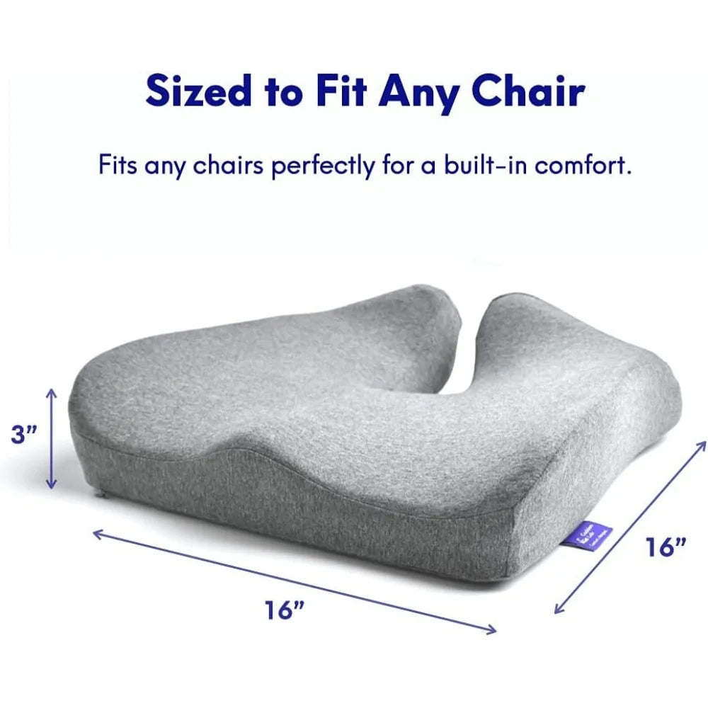 The Cushion Lab Patented Pressure Relief Seat Cushion provides ergonomic comfort with its U-shaped memory foam design and plush cover. Sized to fit any chair, it measures 16x16x3 inches, making it ideal for office/home chairs, cars, and wheelchairs while ensuring luxurious support.