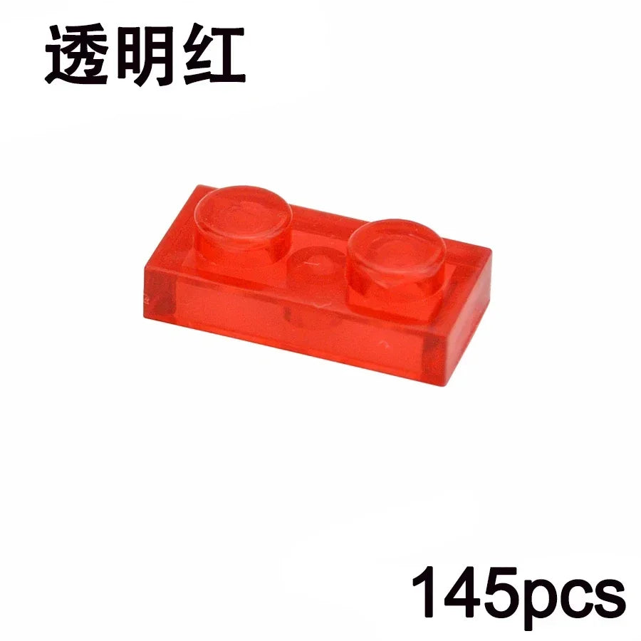 A clear red MOC Transparent Bulk Brick Set (1x1, 1x2, 1x4, 2x4) is displayed with Chinese text at the top left and “145pcs” in black at the bottom right—ideal for expanding your compatible Lego collection.