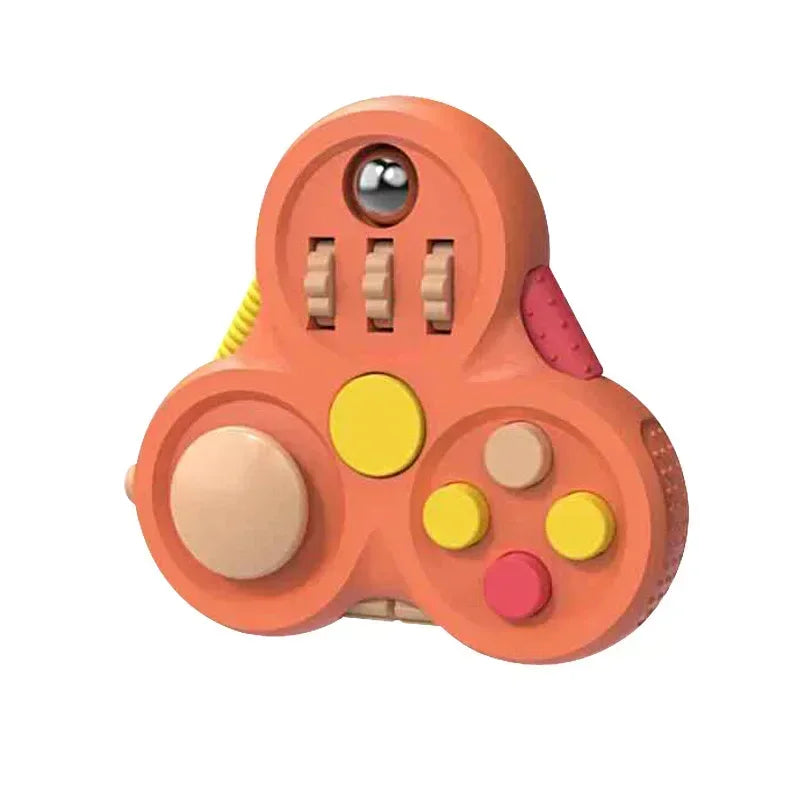 The orange Rotating Magic Bean Fidget Pad is made from durable ABS and designed for kids aged 3-6, featuring three rounded sections with buttons, a joystick, sliders, and a metallic roller ball. Ideal for sensory play and stress relief. Photographed on white background.
