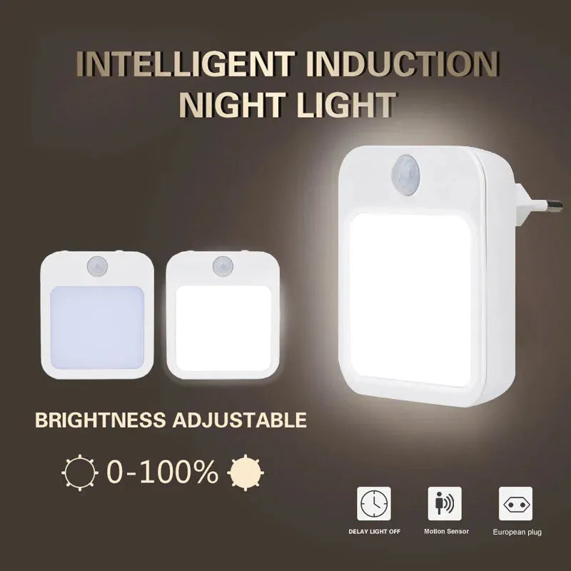 Image of a dimmable motion sensor LED night light with EU plug, ideal for babys room and corridors. Energy-efficient with adjustable brightness 0-100% and delay light-off function set against a brown background, featuring three icons at the bottom.