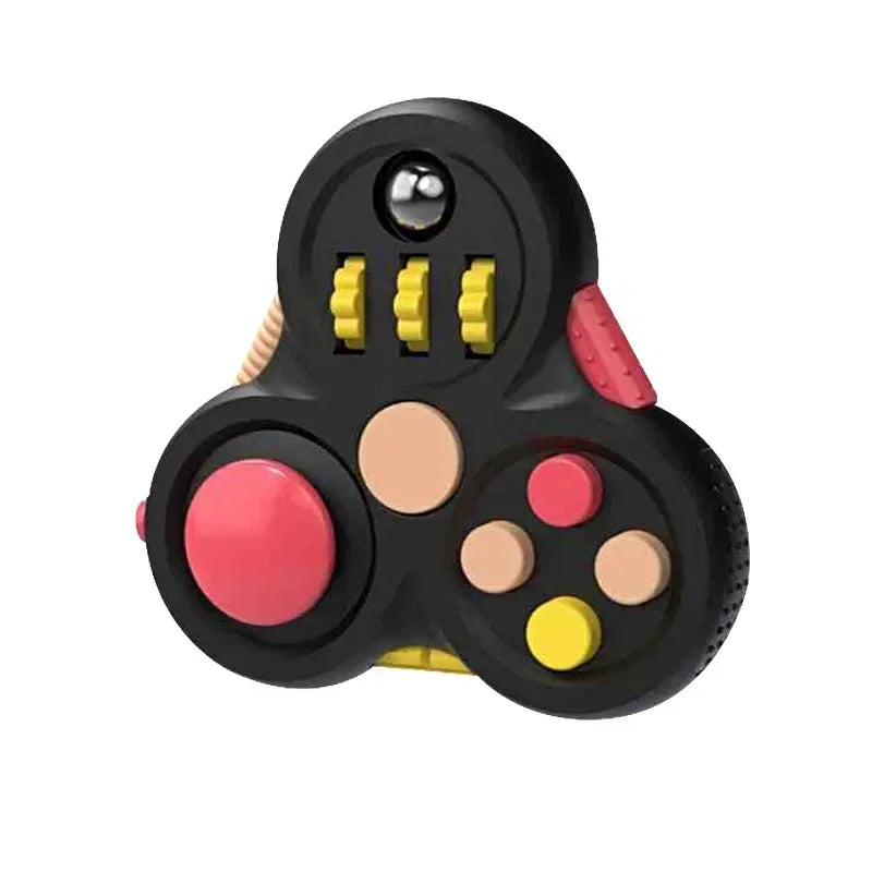 The black Rotating Magic Bean Fidget Pad, made from durable ABS, features a joystick, buttons, switches, and dials in red, yellow, pink, and beige—perfect for kids aged 3-6. Ideal as an antistress toy for autism or ADHD relief. Triangular-shaped design.