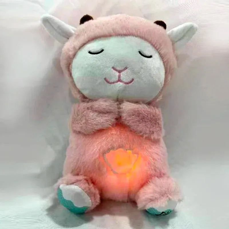 A light grey plush toy resembling an otter with closed eyes, featuring tiny ears and a soft glowing belly light. Its fuzziness enhances the sensory experience and makes it an ideal sleep companion for newborns. Set against a light-colored background, it offers soothing music and comfort.