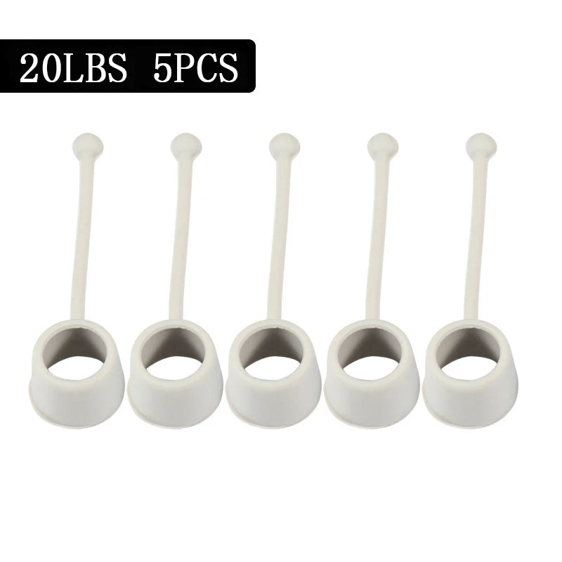 Five white cup-shaped hooks with long handles, perfect for forearm grip strength enhancement, are lined up against a white background. Each supports up to 20 lbs. The text 20LBS 5PCS is in the top left corner. Product: Forearm Grip Strengthener - Hand and Finger Trainer for Enhanced Grip Power.