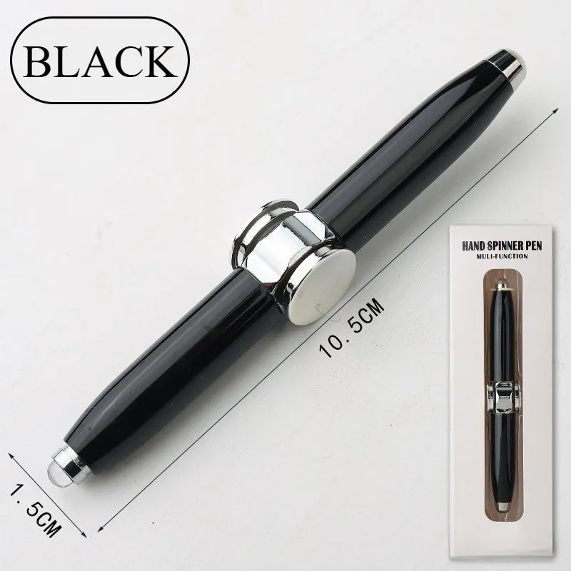 A BLACK 4PCS Rechargeable Metal Fidget Pen with LED & Spinner is displayed diagonally, showing its 10.5 cm length and 1.5 cm width. The packaging highlights its multi-functional use and material details as an office desk toy.