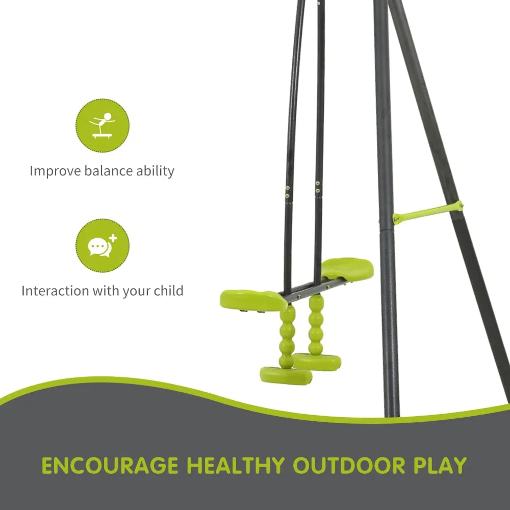 A black and green triple metal swing set for ages 3+ is shown. It’s chemical-free, supports up to 440 lbs, encourages balance and parent-child interaction. Banner: Encourage healthy outdoor play. Easy assembly included.