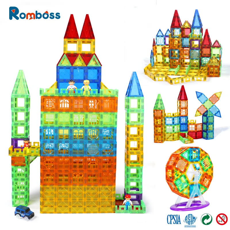 The Romboss Magnetic Educational Architecture Puzzle features colorful building blocks in red, blue, green, and yellow. Kids can creatively assemble them into structures like a castle, Ferris wheel, and vehicles. Ideal for STEM learning with visible branding and safety certifications.