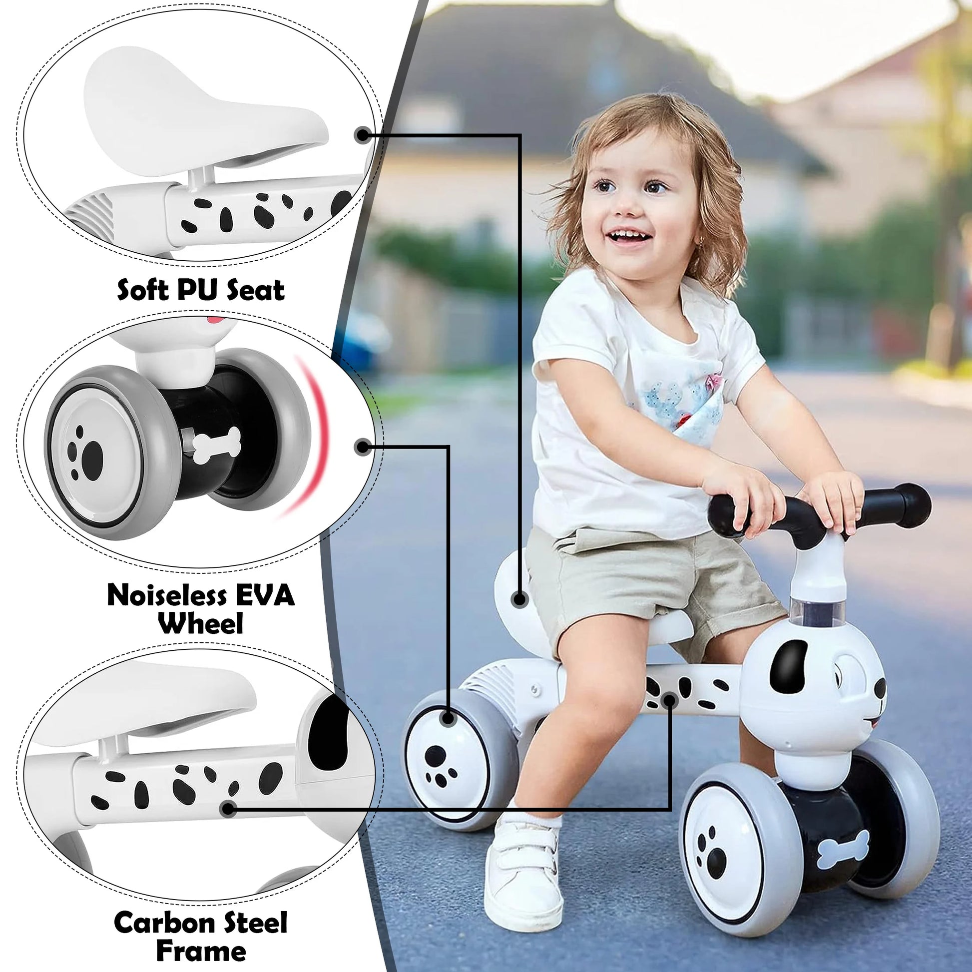 A young child smiles while riding the Baby Balance Bike With 4 Wheels For Toddlers Ages 12 To 36 Months. Close-up insets show its soft PU seat, noiseless EVA wheels, and sturdy carbon steel frame—an ideal first birthday gift!.