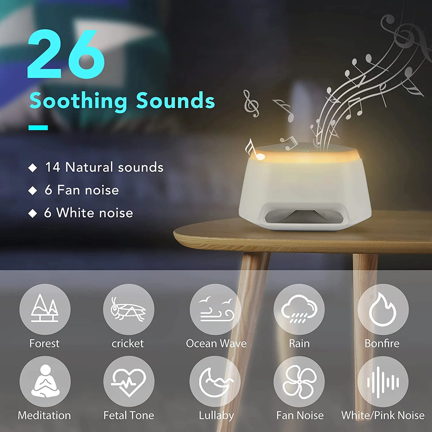 A Rechargeable Baby Sleep Sound Machine sits on a wooden table, offering 26 soothing sounds like natural noises and white noise. Musical notes flow beside forest and ocean icons for peaceful nights. Its USB rechargeable and has a convenient night light timer for automatic shutdown.