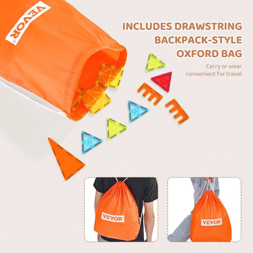 Orange drawstring backpack with colorful geometric tiles, including triangles and squares. Text: Includes VEVOR 180PCS Magnetic Tile Building Set, an Oxford STEM Learning backpack. Insets show the backpack worn.