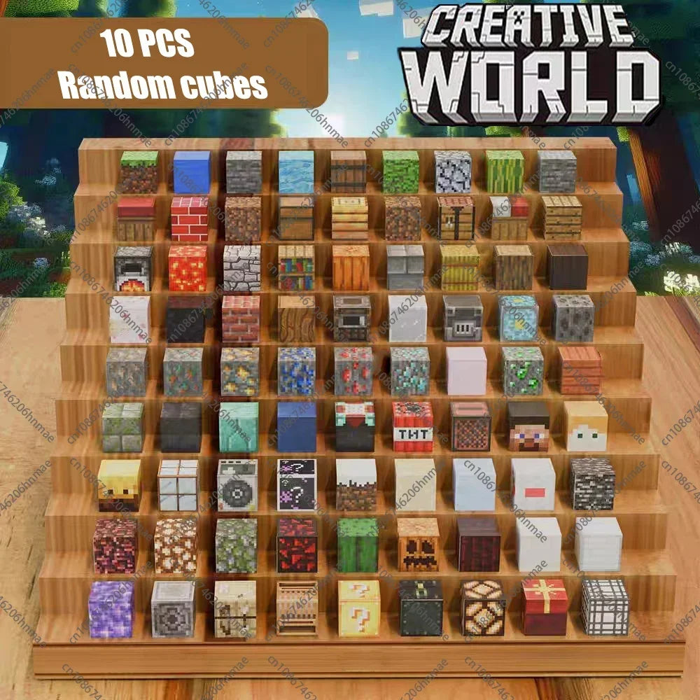 A wooden rack displays dozens of colorful Magnetic Building Blocks Mine World Magnet Cube Set for Kids Ages 3+, with a sign reading Random 10 cubes and Creative World at the top.