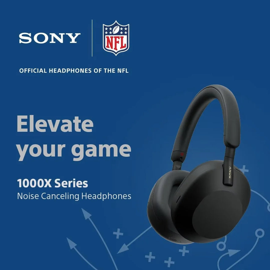 Sony and NFL partner in this ad featuring black Sony WH-1000XM5 Wireless Noise Canceling Headphones with Integrated Processor V1, Soft Fit Leather, 30-hour battery life & 4 microphones on a blue background. Text: Elevate your game. Official Headphones of the NFL.