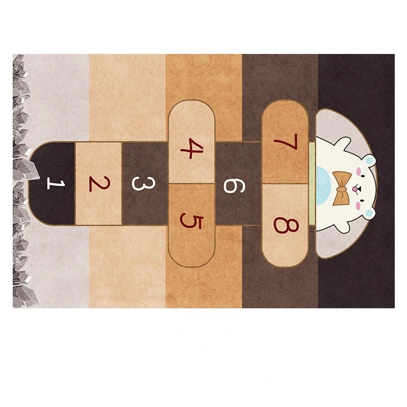 The Childrens Play Hopscotch Carpet in Color 04 is a large, anti-slip area rug for kids’ rooms, featuring numbered brown squares (1-8), a cartoon bear with a bow tie at the top right, and a stone border on the left.