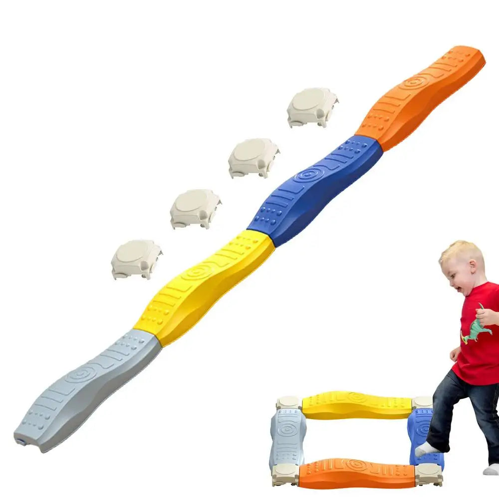 A child steps onto the Sensory Balance Beam Training Board for Kids, a colorful tool with gray, yellow, blue, and orange sections. It aids motor skills development with four white adjustable bases for stability. A smaller image shows the complete circular path of this stackable toy.